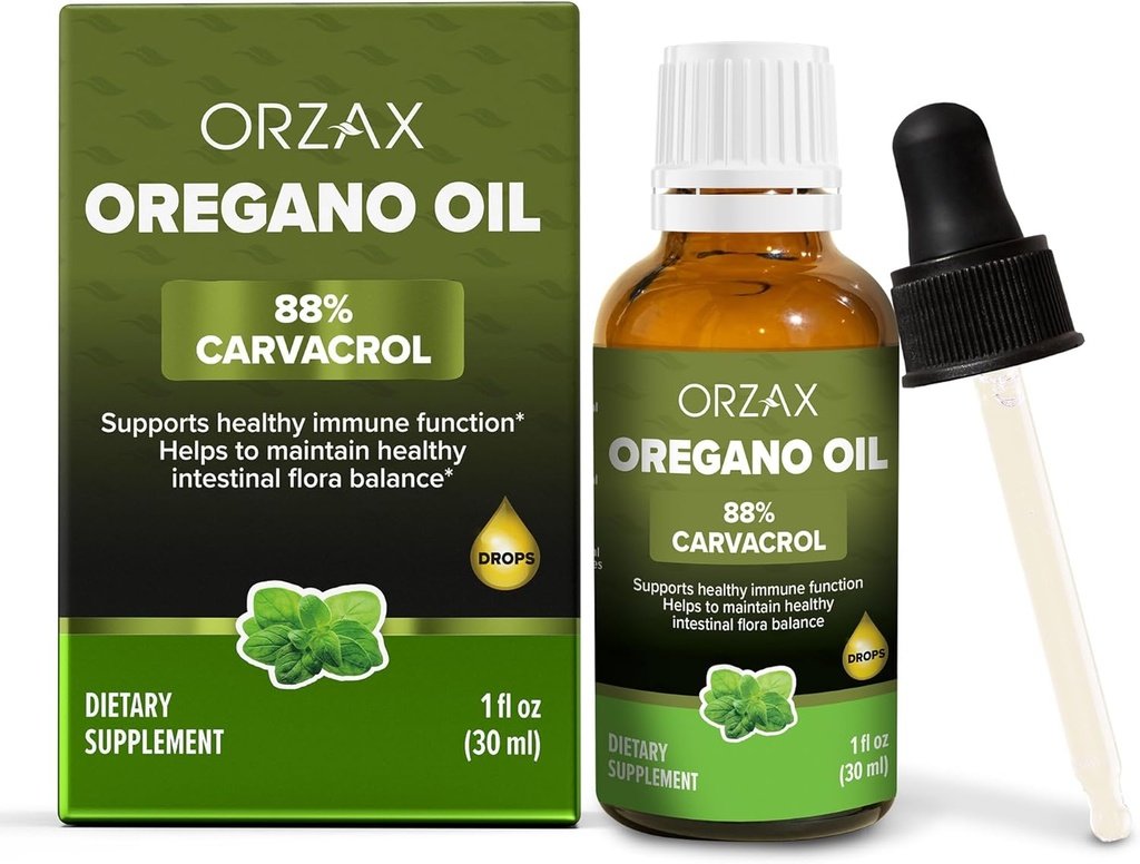 ORZAX Origan gouttes d'huile d'olive - 88% Carvacrol et 0,3% Thymol - Sans OGM et sans sucre et sans gluten et végétalien - Supplément à base de plantes pour le soutien immunitaire et la santé digestive - 30 ml - 200 jours d'approvisionnement