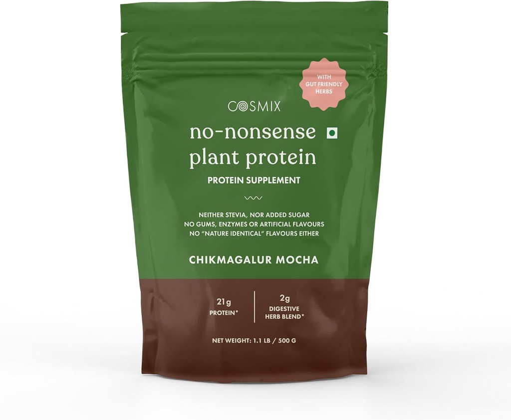 Cosmix Non Protéines végétales non sensées : Riz brun organique et isolat de pois Digestion facile : 24G Protéines/serveurs : sans gluten et sans lactose : (Chikmagalur Mocha, 500g)