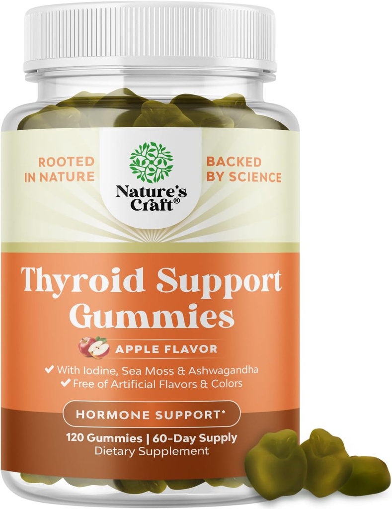 Natures Artisanat Gommies de thyroïde végétalien avec mousse de mer - Gommies de soutien thyroïde pour un soutien complet pour les hommes et les femmes avec iode sélénium et autres vitamines potent - sans gélatine sans OGM 120
