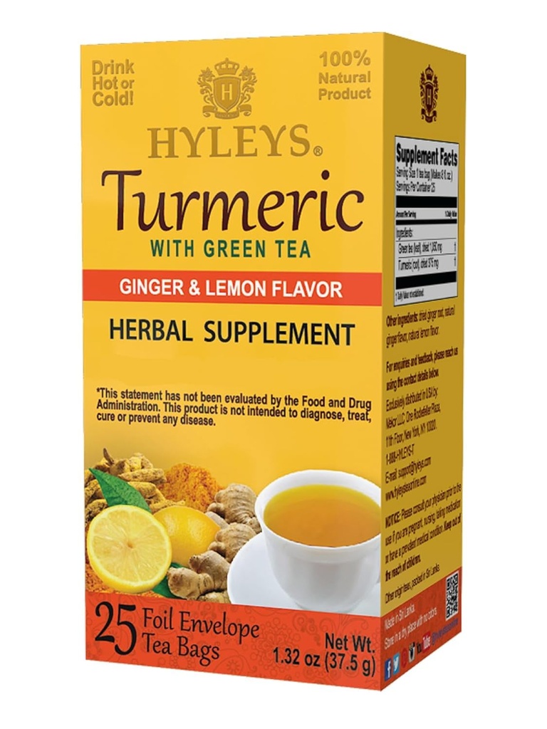 Hyleys Ginger Turmeric Tea Lemon Flavor - 25 Tea Bags (6 Pack - 150 Tea Bags Total) - Wellness Herbal Supplement Green Tea