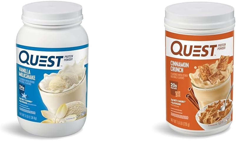 Quest Nutrition Vanilla Laitshake Poudre de protéines, 24g de protéines, 1g de sucre, faible teneur en glucides, sans gluten, 3 livres, 43 portions et poudre de protéines concassées de cannelle, 20g de protéines, 2g de glucides nets, 1g de sucre