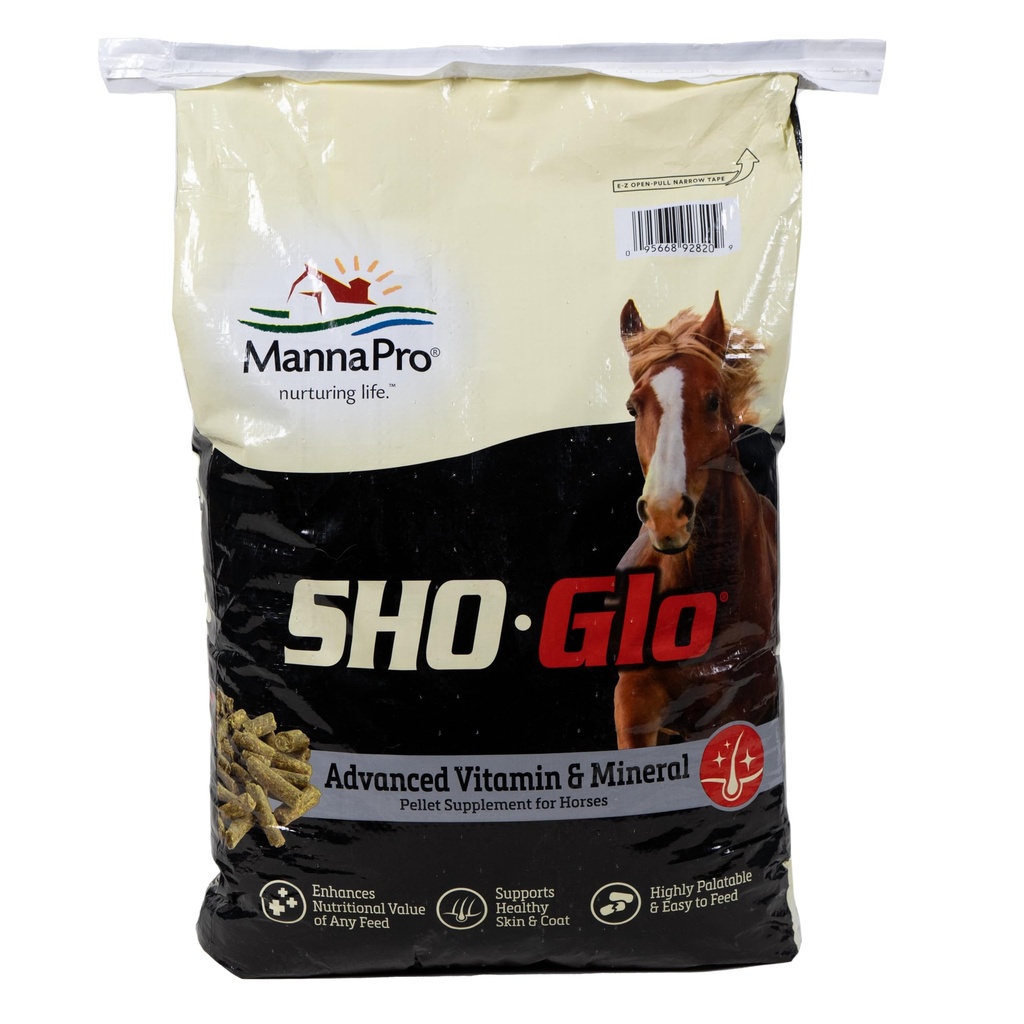 Supplément Vitamine et Minéraux Sho-Glo Horse – Manna Pro – Supplément Hippique quotidien complet pour peau saine, manteau et hooves – Fortifié avec des antioxydants, acides aminés et nutriments essentiels – 25 lb sac
