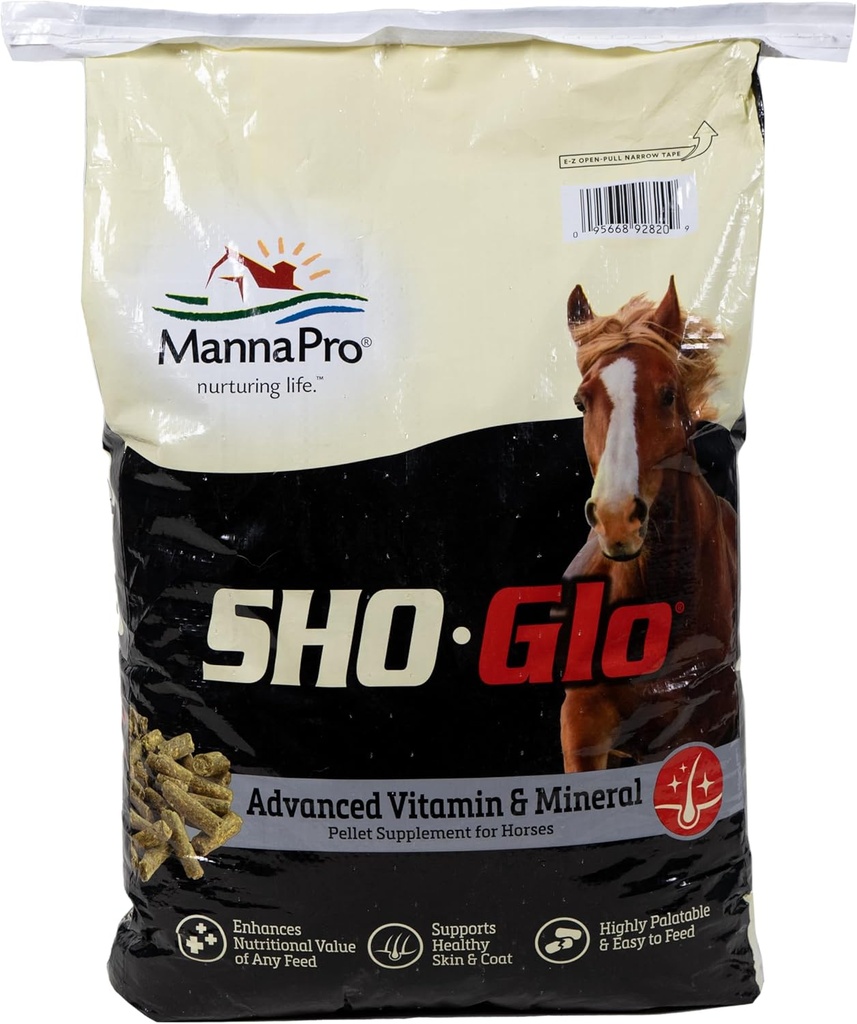 Supplément Vitamine et Minéraux Sho-Glo Horse – Manna Pro – Supplément Hippique quotidien complet pour peau saine, manteau et hooves – Fortifié avec des antioxydants, acides aminés et nutriments essentiels – 25 lb sac