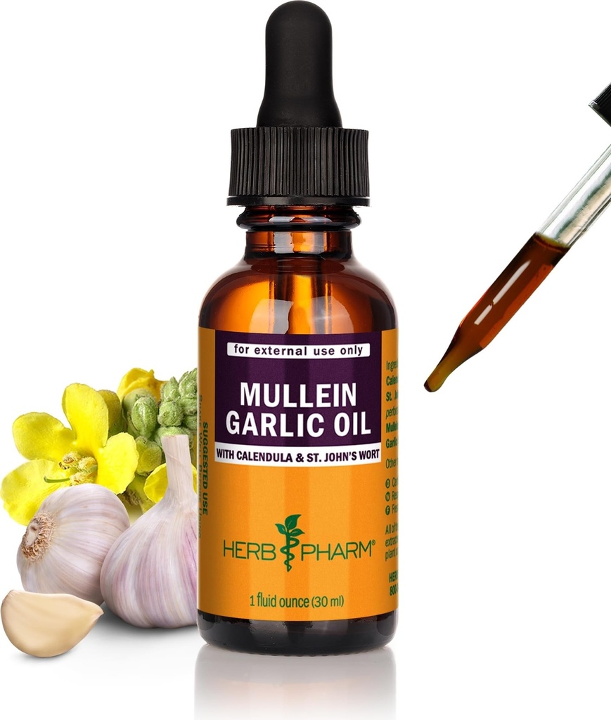 Herb Pharm Mullein Huile d'ail à base de plantes - contient Calendula, ail, fleur de Mullein, millepertuis, huile d'olive, 1 once
