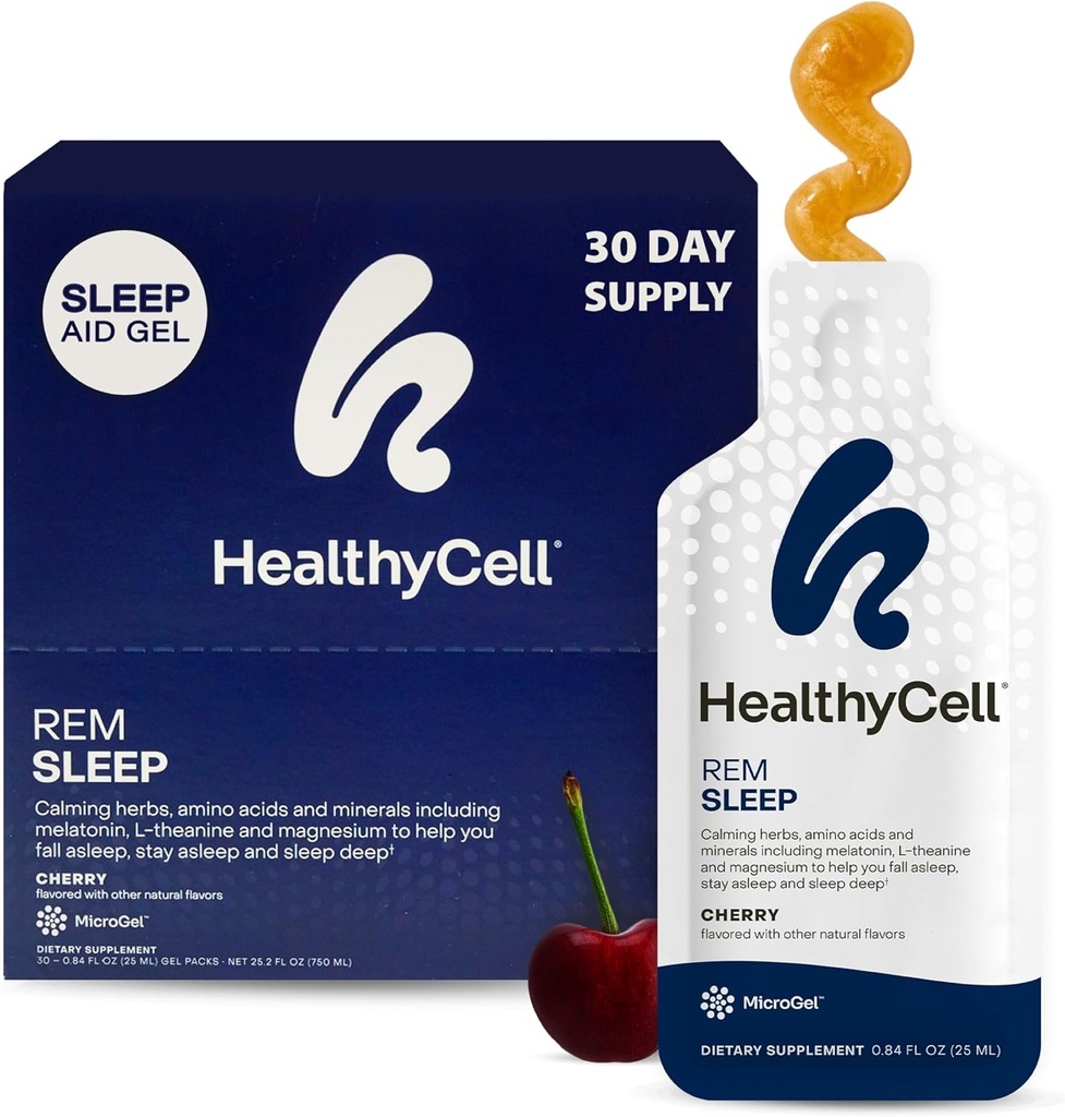 Supplément d'aide au sommeil Healthycell REM pour les adultes - Gel liquide Supplément de sommeil extra-fort avec Melatonine, Magnésium, L-Theanine, GABA & Herbes calmantes naturelles - 30 Gel Packs, Saveur de cerise