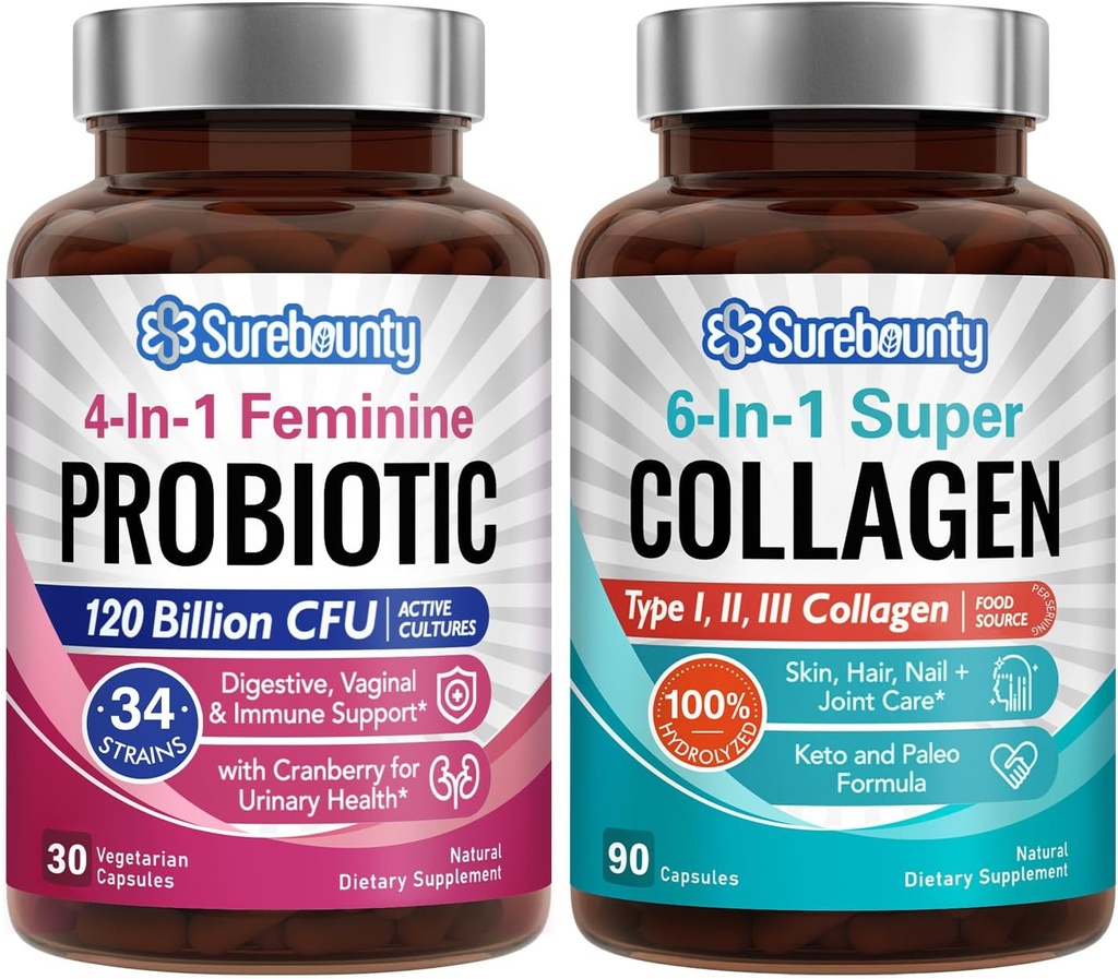 Probiotic + Collagen Bundle, 4-en-1 Feminine Probiotic (30ct) et 6-en-1 Super Collagen (90ct), 2 paquets, canneberge, soutien au vieillissement digestif et sain, non-OGM