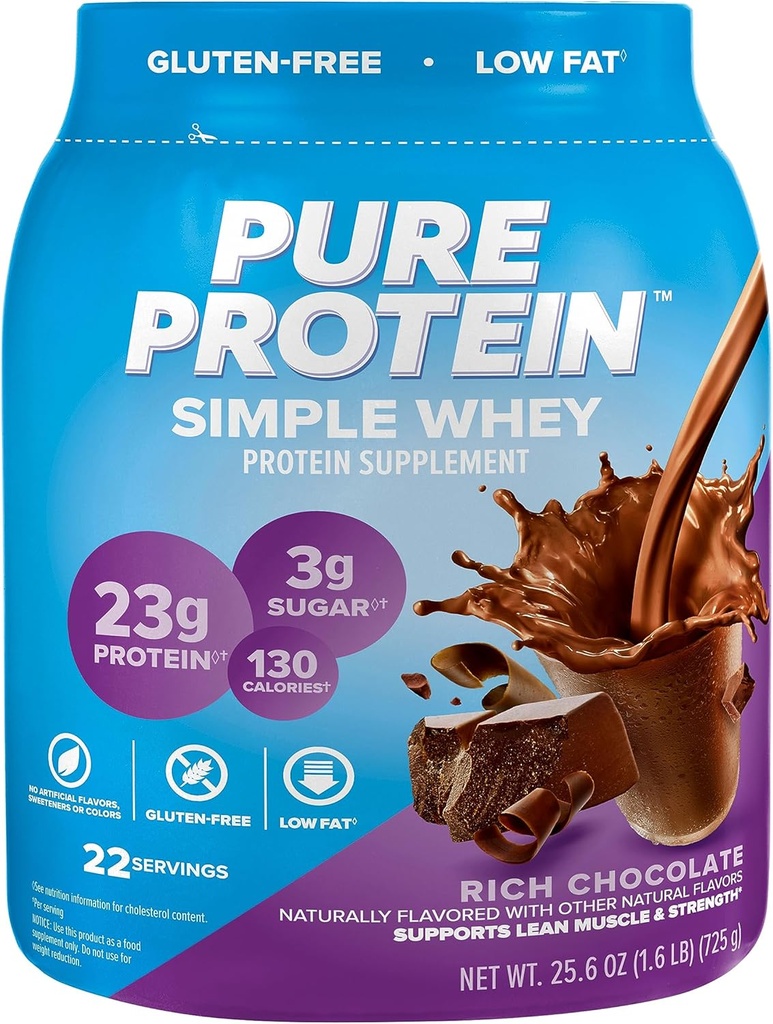 Pure Protein Simple Whey Protein Powder, Gluten Free, 23G Protein, Rich Chocolate, 1.6lbs