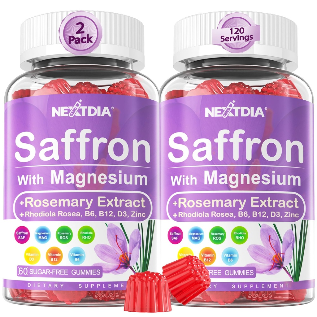 Suppléments de safran Gummies - 4 mois d'approvisionnement - Extrait de safran 177mg 88,5mg, avec/Magnésium Glycinat 400mg 200mg, Rhodiola Rosea, Rosemary, B6 B12 D3 pour calme, Nerve, Repos, Focus, Sans sucre, 2 Pack