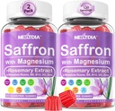 Suppléments de safran Gummies - 4 mois d'approvisionnement - Extrait de safran 177mg 88,5mg, avec/Magnésium Glycinat 400mg 200mg, Rhodiola Rosea, Rosemary, B6 B12 D3 pour calme, Nerve, Repos, Focus, Sans sucre, 2 Pack