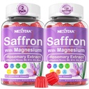 Suppléments de safran Gummies - 4 mois d'approvisionnement - Extrait de safran 177mg 88,5mg, avec/Magnésium Glycinat 400mg 200mg, Rhodiola Rosea, Rosemary, B6 B12 D3 pour calme, Nerve, Repos, Focus, Sans sucre, 2 Pack