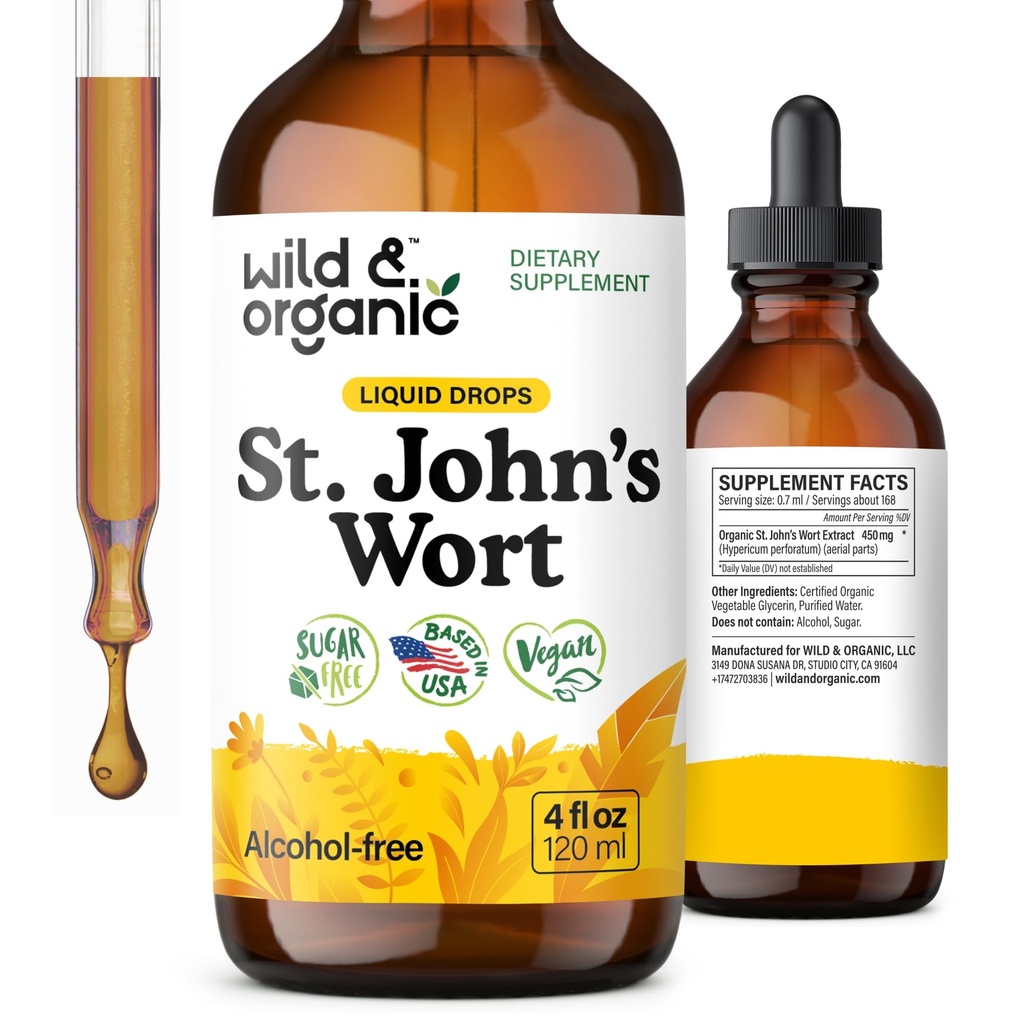 Wild & Organic St Johns Teinture de millepertuis - Support d'humeur - Calmant le supplément de millepertuis - Hypericum Perforatum gouttes liquides à base de plantes - Vegan, sucre et sans alcool - 4 fl oz
