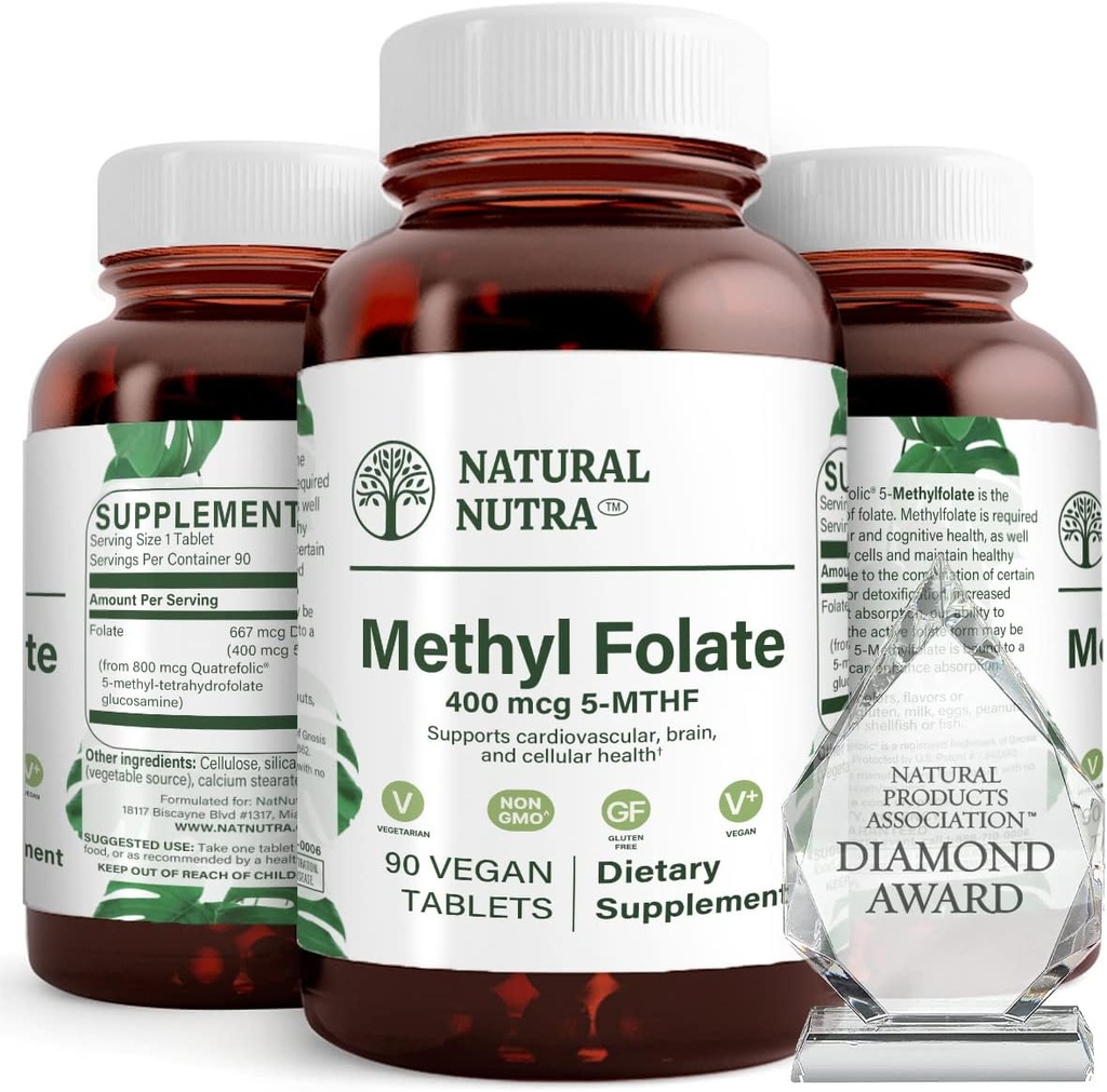Supplément naturel de phosphate de méthyle actif Nutra avec Quatre folique, soutien de la santé du coeur et du corps, aide la santé du cerveau, améliorer les vibrations positives, aider à réduire les os, B9, 90 comprimés végétaliens (paquet de 2)