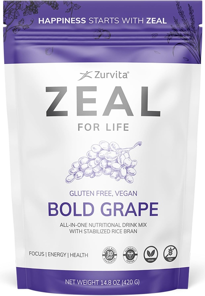 Zurvita - Zéal pour la vie - Arôme de raisin gras - Supplément nutritionnel quotidien pour la vitalité, l'immunité et le bien-être général - Sac de bien-être de 30 jours, 420 grammes