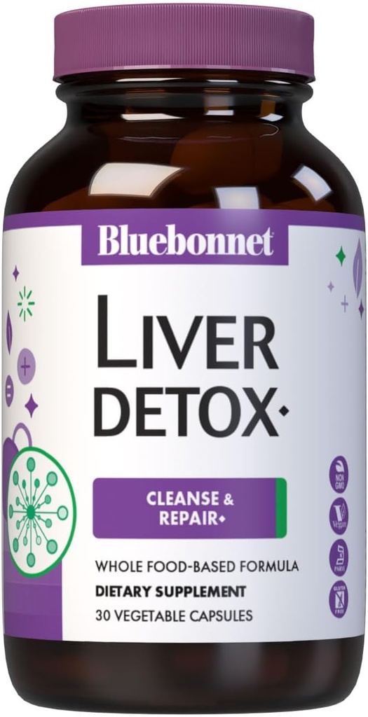 Bluebonnet Nutrition Foie Détox, Santé du foie*, Protection antioxydante*, Sans soja, sans gluten, certifié Casher, non-OGM, sans lait, 30 capsules végétales, 30 portions