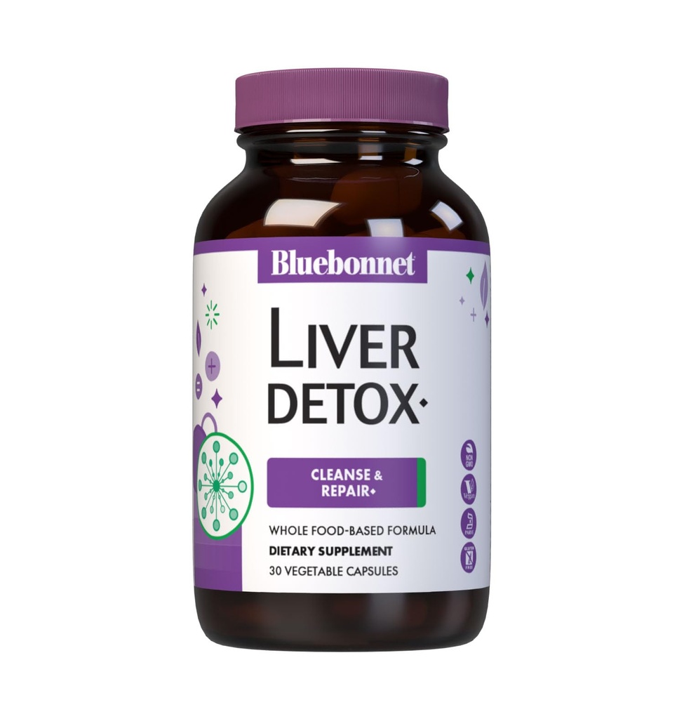 Bluebonnet Nutrition Foie Détox, Santé du foie*, Protection antioxydante*, Sans soja, sans gluten, certifié Casher, non-OGM, sans lait, 30 capsules végétales, 30 portions