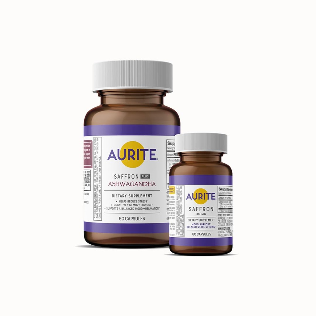 Safran Ashwagandha & Safran Supplément Bundle. Gestion du stress, Support d'humeur, Mémoire à long terme, Végétarienne, Non-OGM, Sans gluten, Sans soja