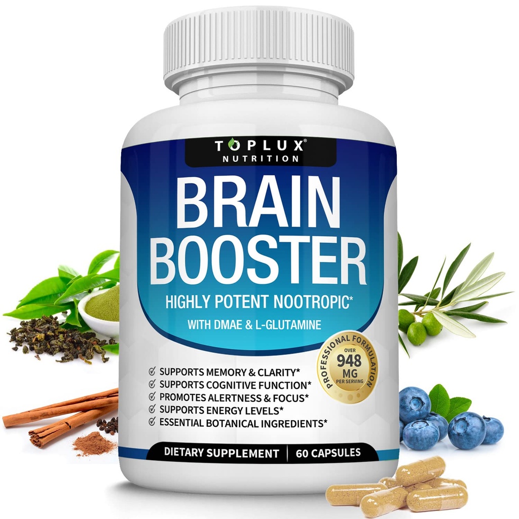 Supplément Cerveau Toplux Nootropic – Pills Cerveaux Vitamine avec DMAE, Bacopa Monnieri, L-Gutamine, pour hommes Femmes, 60 Capsules, Nutrition