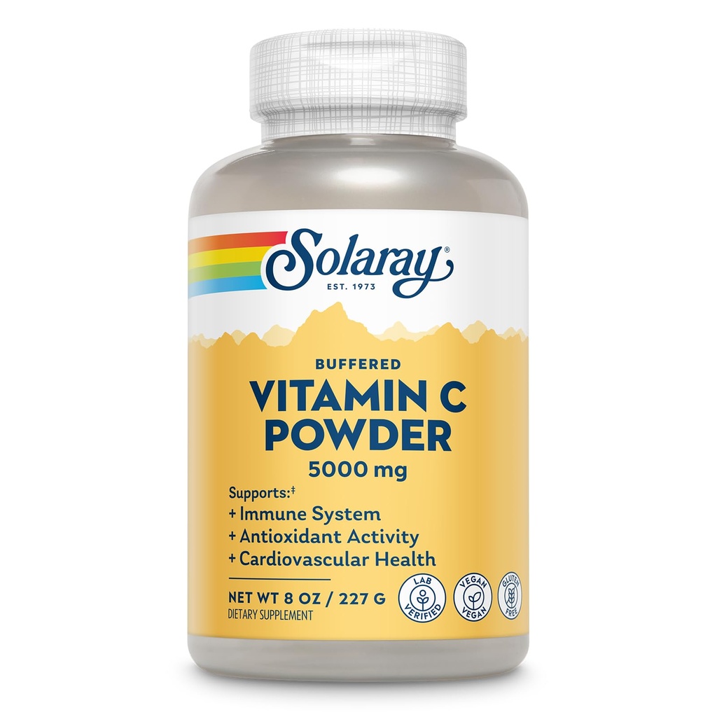 Solaray Vitamine C poudre d'acide ascorbique 5000mg - supplément en poudre de vitamine C pour les hommes et les femmes, crème et soutien de la peau, antioxydant naturel, mélange dans l'eau, jus, ou smoothie, végétalien - 8 oz