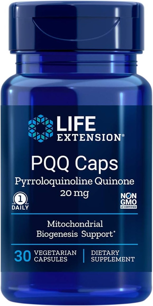 Extension de vie PQQ Caps, Pyrroloquinoline Quinone, 20 milligrammes 30 Capsules végétariennes. Boîte de 2 bouteilles.