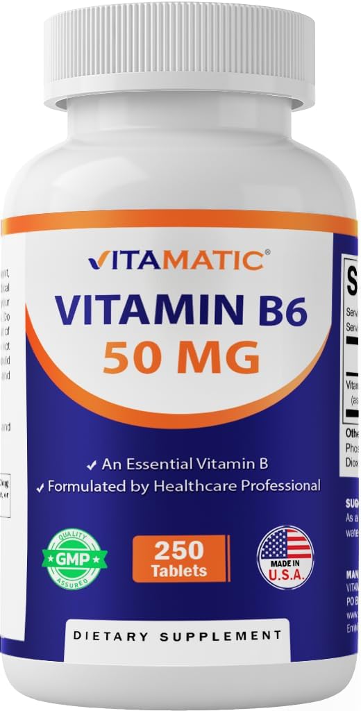 Vitamine Vitamatique B6 (Pyridoxine HCI), 50 mg 250 Comprimés végétariens - Promotion de la production d'énergie, stimule le métabolisme et le soutien à la santé immunitaire
