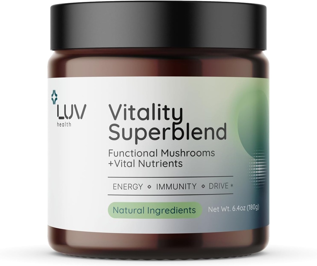 LUV health Vitality Superblend: Mushroom Supplement - Superfood Powder with Cacao, Lion’s Mane, Cordyceps, Reishi, Green Tea, and Turmeric – Energy, Focus & Daily Wellness Support Vegan, 30 Servings