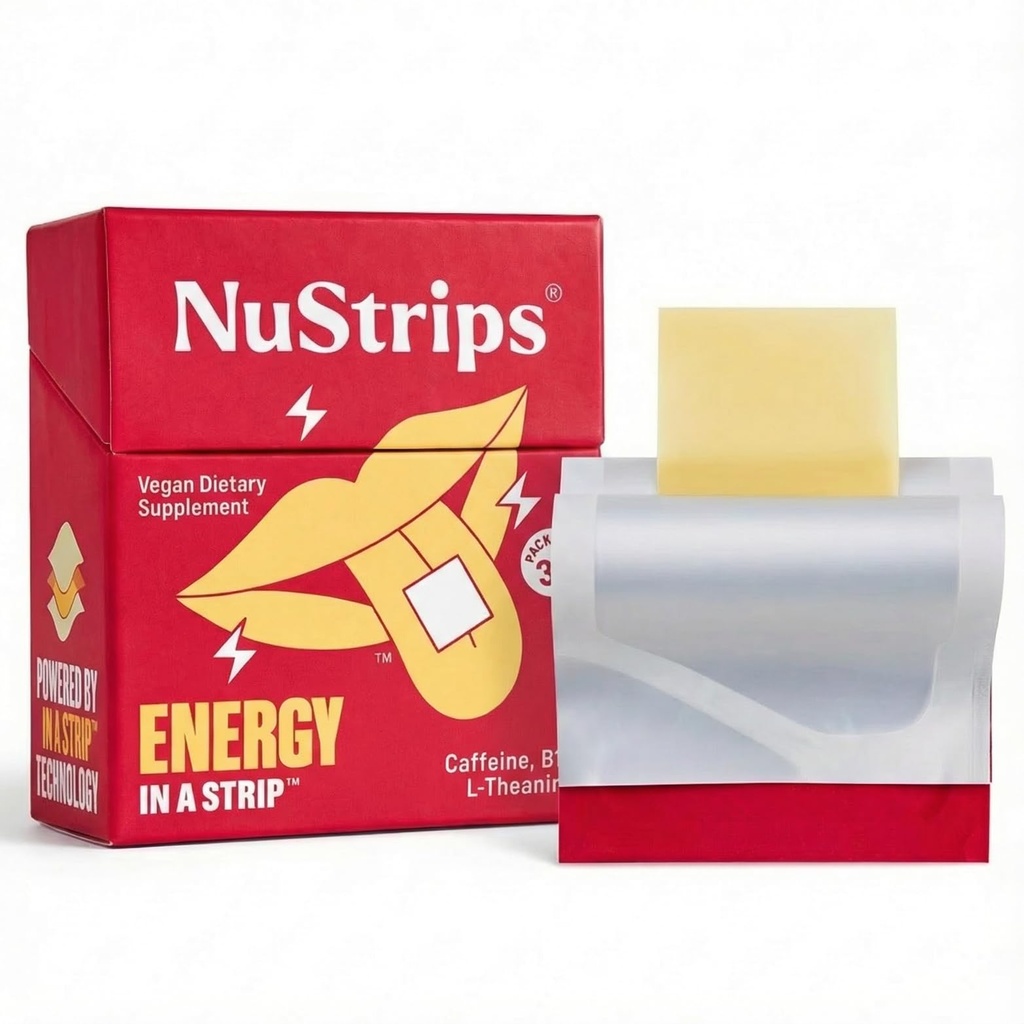 NuStripsTM Bandes d'énergie à dissolution rapide avec 50mg de caféine, L-Theanine et vitamine B12 – Énergie instantanée et focus sans jitters ou crash – fonctionne plus vite que le café – cannelle apaisante (30 Pack)