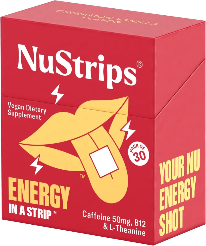 NuStripsTM Bandes d'énergie à dissolution rapide avec 50mg de caféine, L-Theanine et vitamine B12 – Énergie instantanée et focus sans jitters ou crash – fonctionne plus vite que le café – cannelle apaisante (30 Pack)