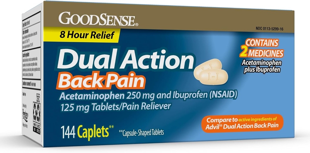 Comprimés GoodSense Dual Action Acétaminophène et Ibuprofène (NSAID), 250 mg/125 mg, Douleur dorsale, 144 Nombre