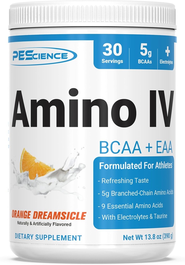 PEScience Amino IV BCAA & EAA poudre, acides aminés essentiels, Taurine, électrolytes pour l'hydratation et la récupération musculaire, sans sucre pour les hommes et les femmes, post entraînement - Dreamsicle orange - 30 portions