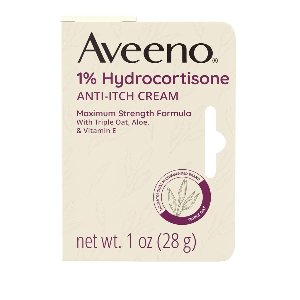 Aveeno Résistance maximale 1% Hydrocortisone Crème anti-démangeaison, Aloès et vitamine E pour le soulagement des démangeaisons de l'eczéma, du psoriasis, des piqûres d'insectes, de l'ivraie empoisonnée, du chêne et du sumac et des détergents, 1 oz