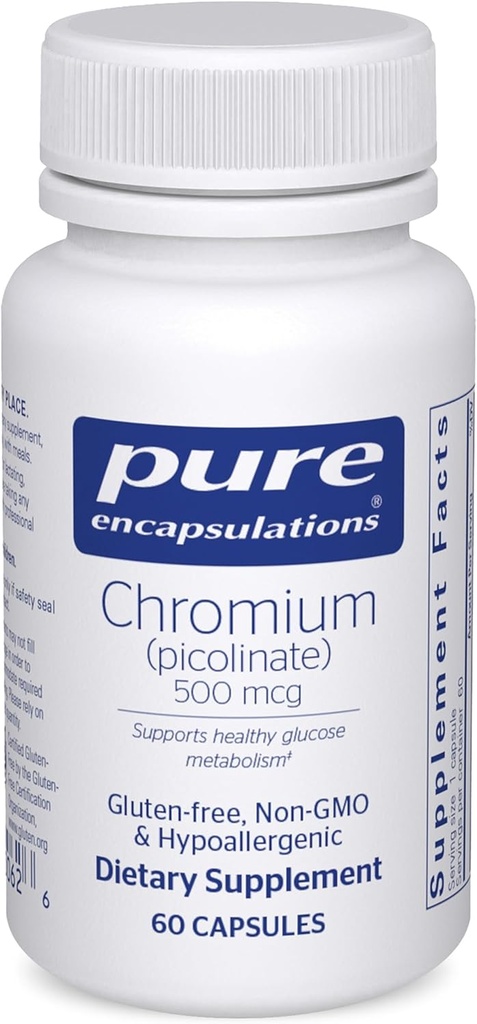 Encapsulations pures Chromium (Picolinate) 500 mcg - pour le métabolisme des lipides et des glucides* - Supplément minéral - Supplément supérieur à l'absorption Chromium - Sans végétalien et sans gluten - 60 capsules