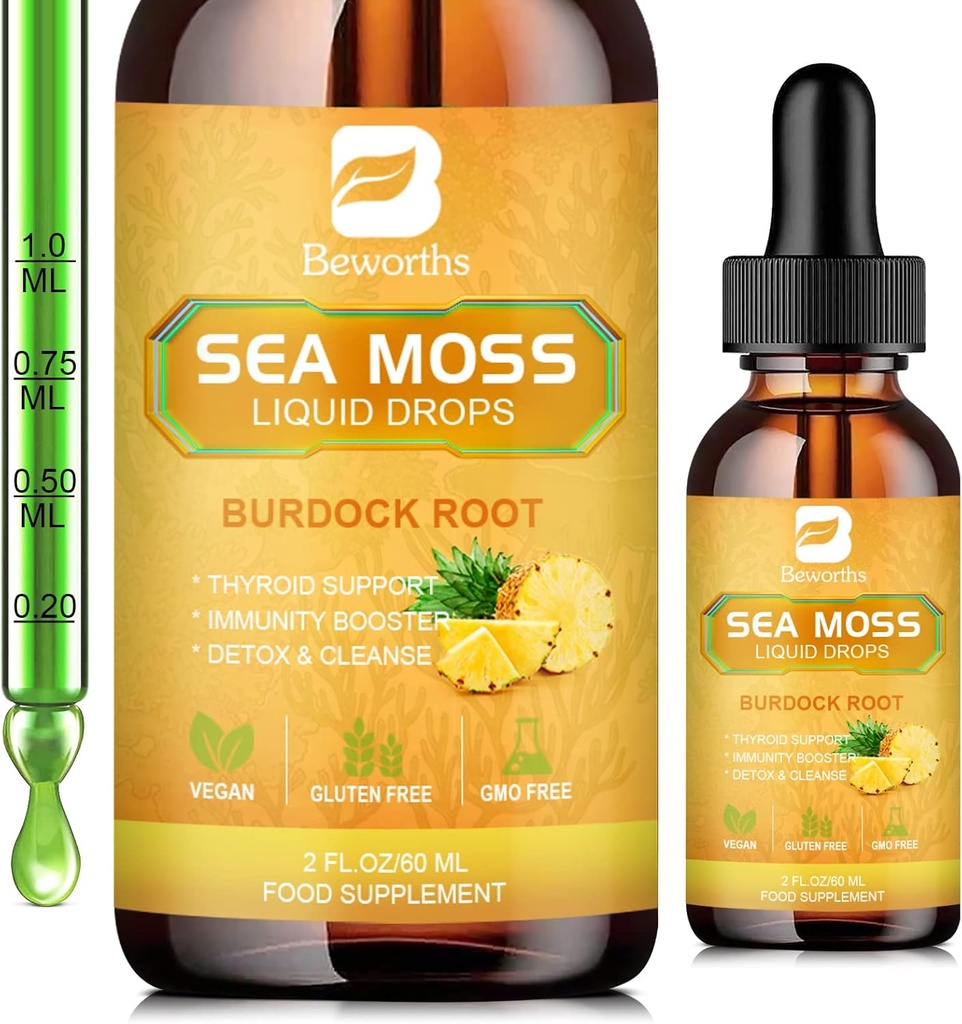 Gouttes liquides de mousse de mer - Gel de mousse de mer Irlandais biologique avec Spiruline, Bladderwrack, root de Burdock, supplément de gel Pinapple Seamoss pour le nettoyage joint, detox & support de digestion - 2 Fl Oz, Vegan