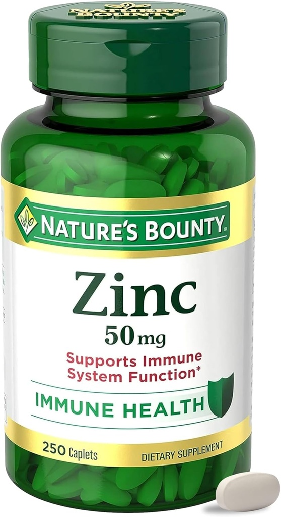 NatureS Bounty Zinc 50mg, Immuni Support & Supplément Antioxydant, favorise la santé de la peau, 1 Caplet par jour, sans gluten, 250 Caplets végétariens