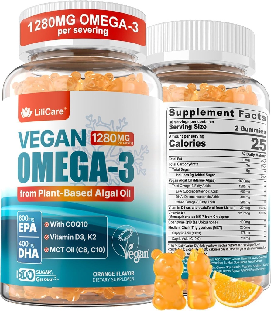 Vegan Omega-3 Gummies 1280mg + COQ10 + Vitamine D3 K2 (MK7), Omega 3 Huile de poisson Alternative pour les adultes w/EPA 600mg DHA 400mg & MCT Huile, sans goût de poisson des algues marines, pour le cerveau, les yeux, l'immunité, 1 paquet