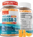 Vegan Omega-3 Gummies 1280mg + COQ10 + Vitamine D3 K2 (MK7), Omega 3 Huile de poisson Alternative pour les adultes w/EPA 600mg DHA 400mg & MCT Huile, sans goût de poisson des algues marines, pour le cerveau, les yeux, l'immunité, 1 paquet