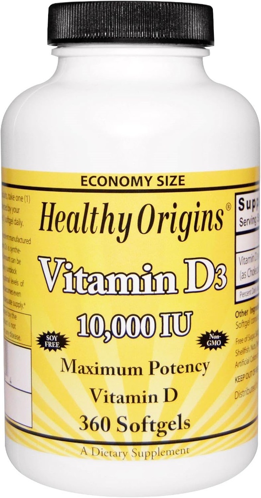 Origines saines Vitamine D3 Potence maximale 10 000UI 360 Softgels, total de 2 boîtes