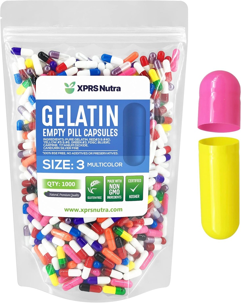 XPRS Nutra Size 3 Empty Capsules - 1000 Count Empty Gelatin Capsules - Pills DIY Capsule Filling - Pure Bovine Pill Gel Caps Fillable Do-It-Yourself Vitamins and Supplements (Multi Color)