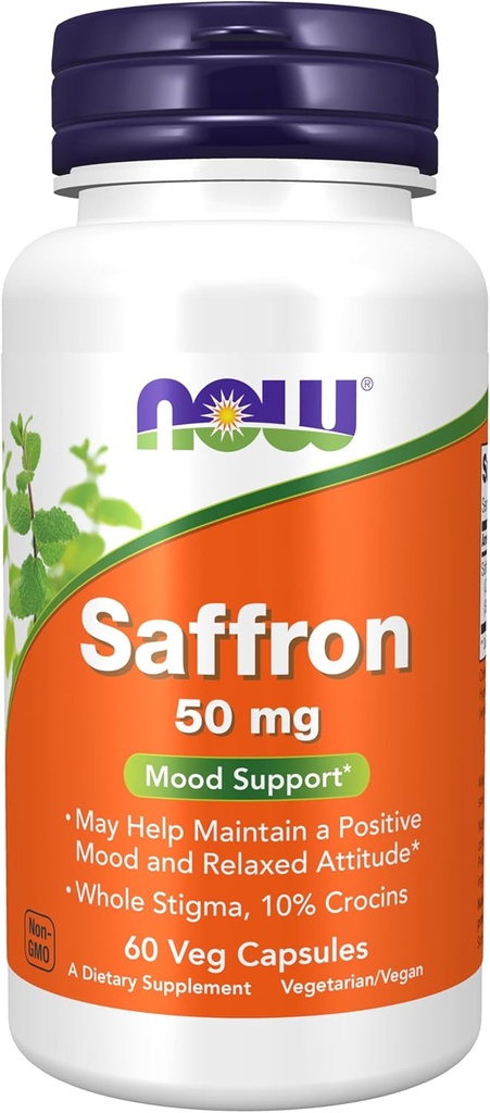 MAINTENANT compléments alimentaires, safran entier à base de 50 mg avec 10 % de crocines, 60 capsules de légumes avec cellulose microcristalline, hypromellose (cellulose capsule), acide stéarique (source végétale) et dioxyde de silicium