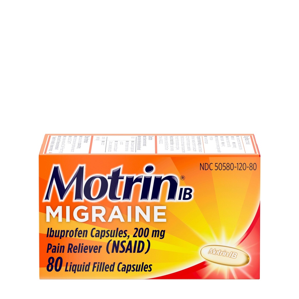 Motrin IB Capsules de gel liquide de soulagement de la migraine contenant 200 mg d'Ibuprofène par gélule, médicaments anti-migraine rapides et efficaces avec anti-douleur AINS Ibuprofène, sans caféine, 80 ct
