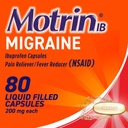 Motrin IB Capsules de gel liquide de soulagement de la migraine contenant 200 mg d'Ibuprofène par gélule, médicaments anti-migraine rapides et efficaces avec anti-douleur AINS Ibuprofène, sans caféine, 80 ct