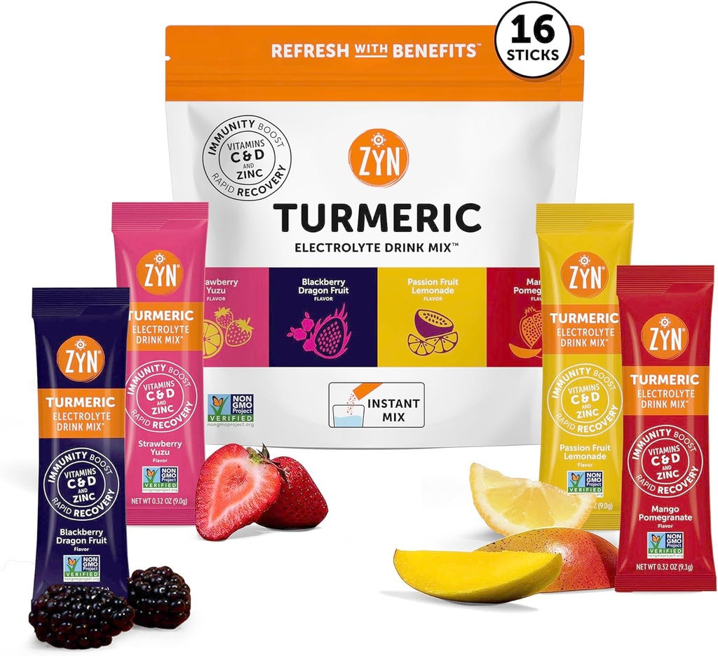 ZYN Electrolyte Drink Mix Hydratation Packets, Electrolytes Poudre, Hydratation Packets avec Curcumine/Turcuma, Vitamine C et D, Zinc, Hydrate Electrolyte Poudre Packets pour le Bien-être, Variété Pack de 16