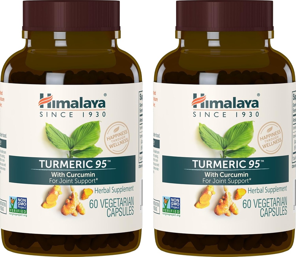 Supplément Himalaya Turmeric 95 avec Curcumine/Curcuminoides, Soutien articulaire et musculaire, Flexibilité optimale et mobilité, 600 mg, Non-OGM, Vegan, Sans gluten, 60 Capsules, 2 Pack, 60 Jours