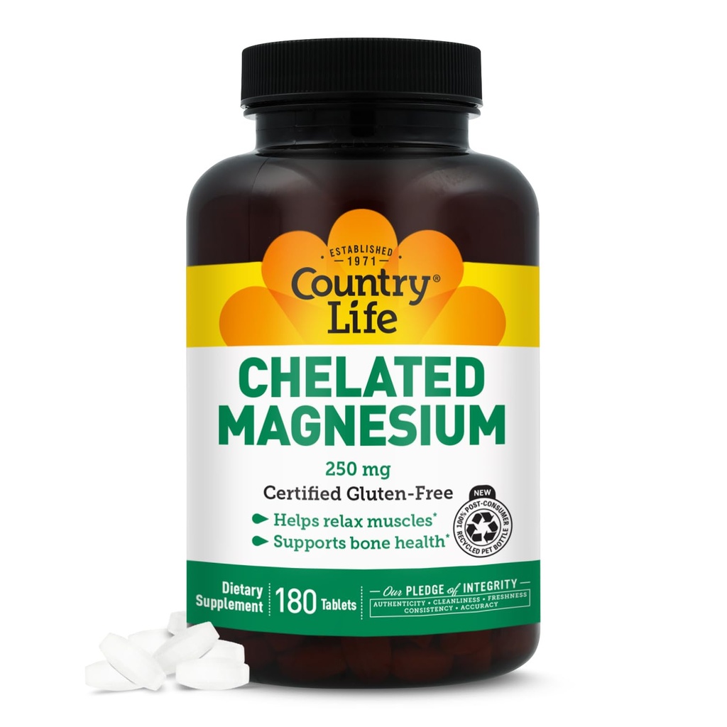 Country Life Chélaté Magnésium 250mg - soutient la santé du coeur, des os et des muscles, supplément végétalien-friendly Magnésium avec oxyde de magnésium et chélate d'acide amino, sans gluten