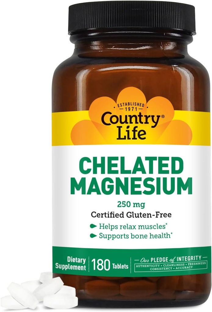Country Life Chélaté Magnésium 250mg - soutient la santé du coeur, des os et des muscles, supplément végétalien-friendly Magnésium avec oxyde de magnésium et chélate d'acide amino, sans gluten