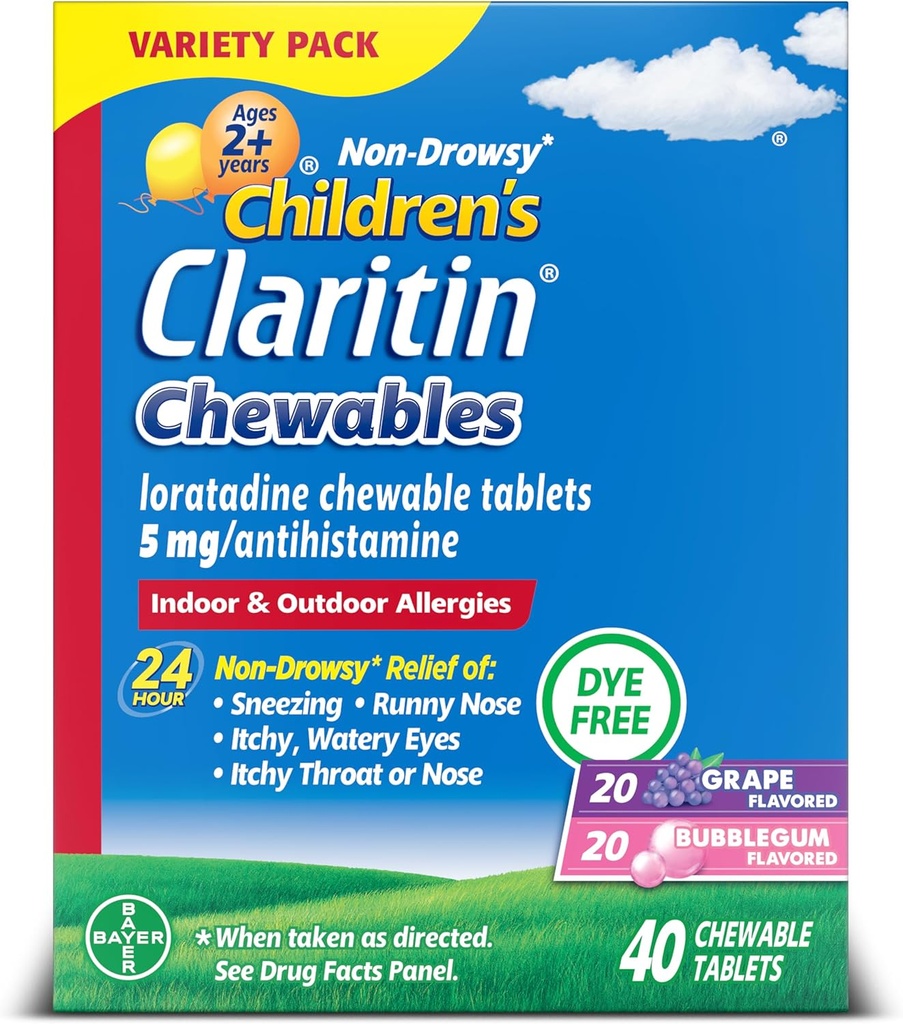 Claritin Children's Allergy Medicine, 24-Hour Non-Drowsy Loratadine 5mg Chewable Tablet, Antihistamine for Kids Ages 2 Years and Older, Grape & Bubble Gum Flavors, 40 Tablets