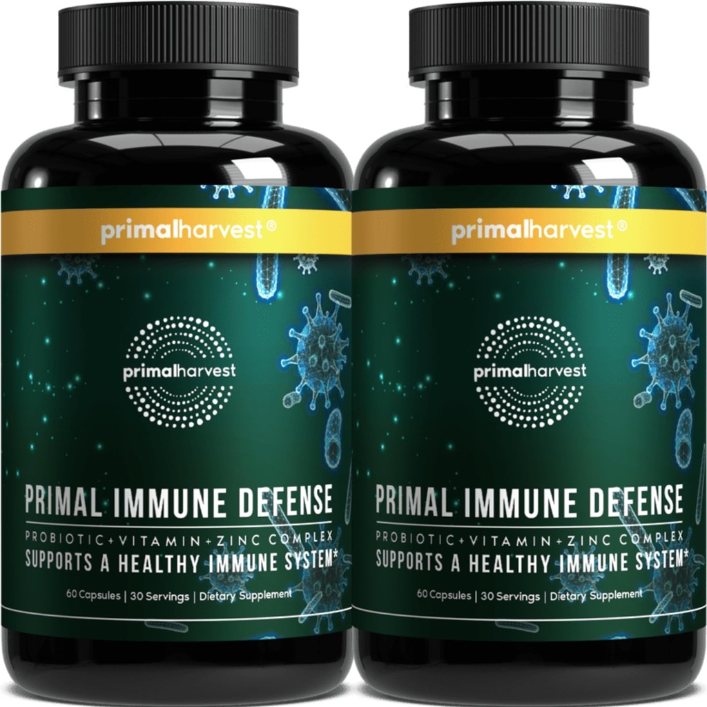 Primal Harvest Primal Imune Defense: 10-en-1 Imune Support avec Probiotiques, Zinc, Vitamines C, B6, D3 & K2, Immune Booster pour Adultes 60 Capsules (2-Pack)