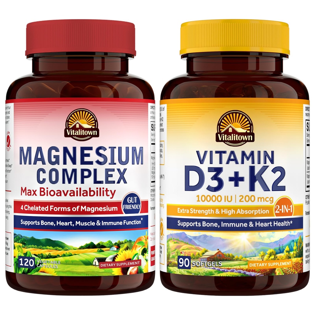 Vitalitown Magnésium Complexe & Vitamine D3 K2 Bundle (paquet de 2) , pour Immune et Muscle , Magnésium Glycinate , 10000IU D3, MK-7 , 120 Mag Caps & 90 D3 Softgel