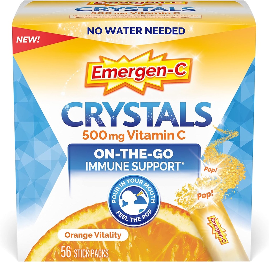 Emergen-C Cristaux, Supplément de soutien sur le pouce Emergen-C Immune avec Vitamine C, B Vitamines, zinc et manganèse, Vitalité orange - 56 Stick Packs