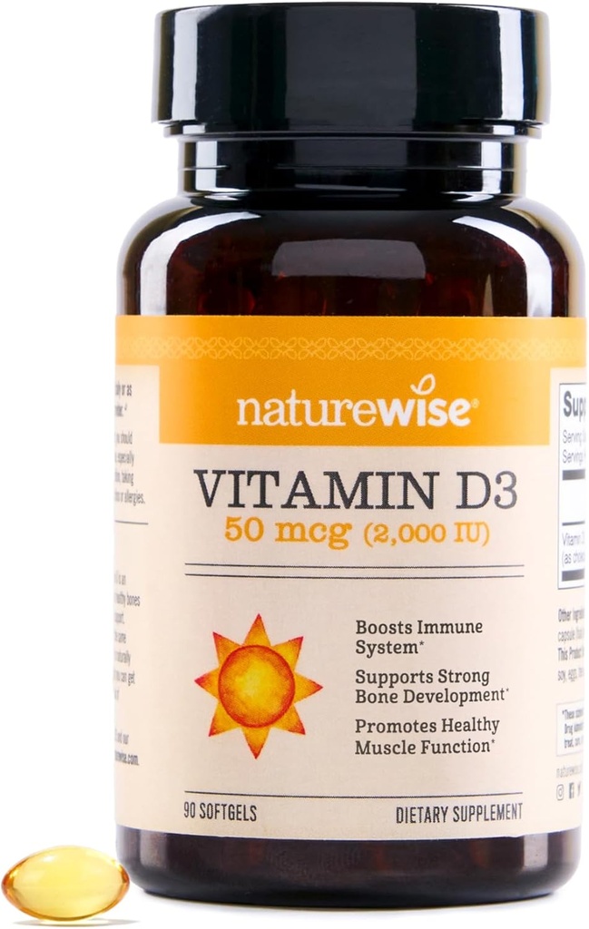 NatureWise Vitamine D3 2000iu (50 mcg) 90 jours d'approvisionnement pour le soutien immunitaire, la fonction musculaire saine et la santé des os - Non-OGM, sans gluten dans l'huile d'olive extra vierge biologique, (Mini Softgel), 90 Nombre