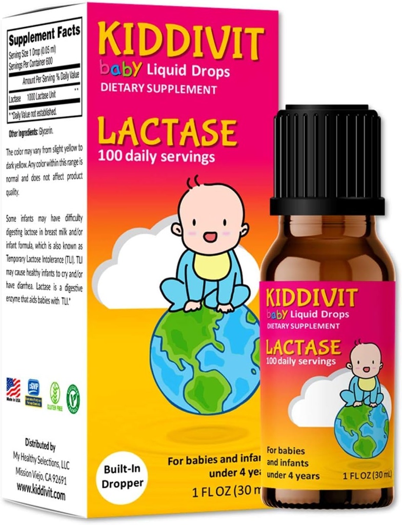 Kiddivit gouttes de lactase bébé 1000 unités – Supplément enzymatique doux de soutien digestif – 100 portions quotidiennes – goutteau intégré, bouteille de verre – sans gluten, végétarien, 1oz